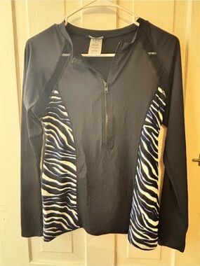 Carmen Marc Valvo Black Long Sleeve Zip Top with Blue & White Zebra Panels